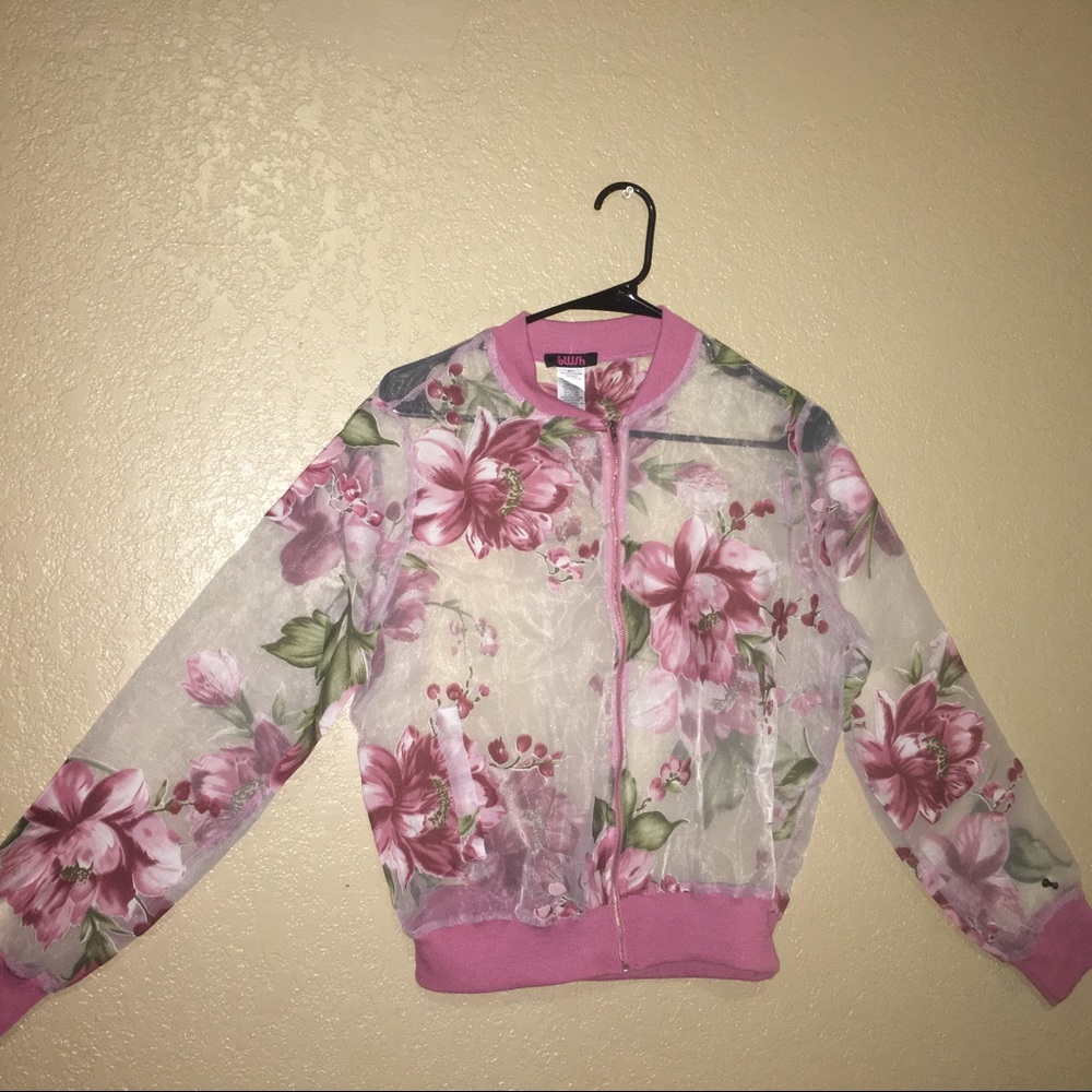 See through flower sweater with gold zipper